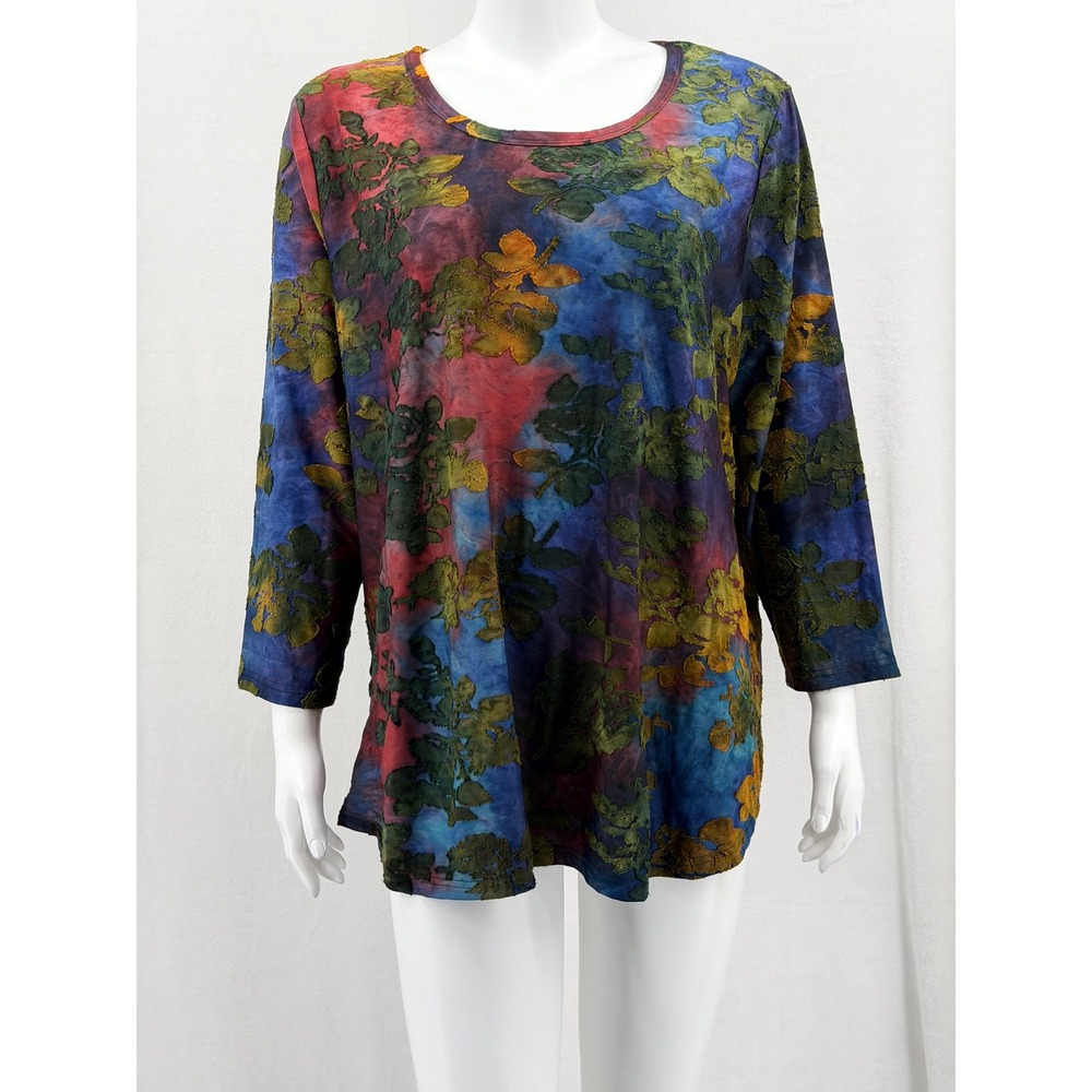 Calessa Top Womens 2X Red Blue Burnout Tie Dye Leaves Artsy Boho Autumn Stretch